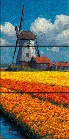 Windmill and tulip fields in Dutch countryside – mosaic-style ceramic tile mural